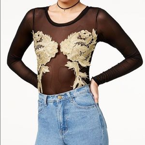 Mesh Bodysuit with Gold Appliqué
